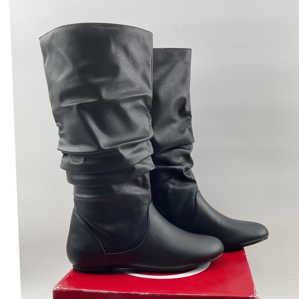 Journee Collection Jayne Black Faux Leather Slouch Tall Flat Boots Round Toe